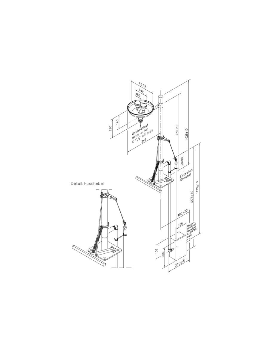 Eye shower self-draining with underfloor actuation - PremiumLine - BR 305 395 | B-Safety