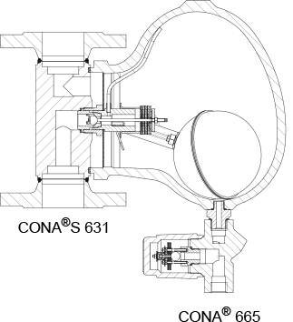 Fig. 7-9: Float trap with a start-up drain valve, ARI Type CONA®S 631 with CONA® 665