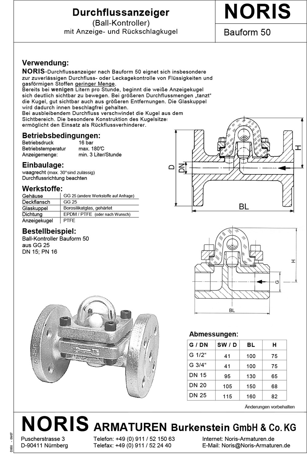 NORIS | sight flow indicator ball-type NORIS | Bauform 50