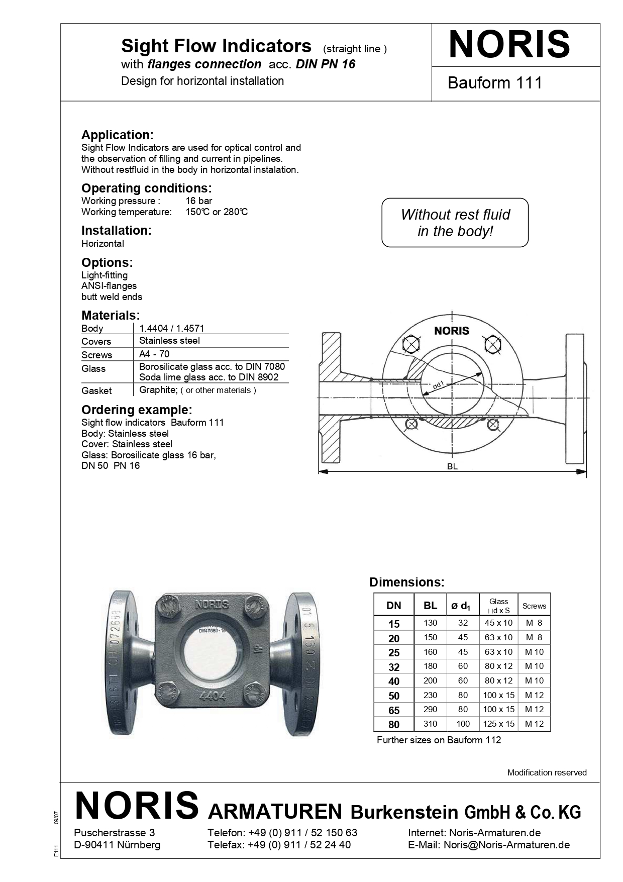 NORIS | sight flow indicator without residual fluid NORIS | Bauform 111