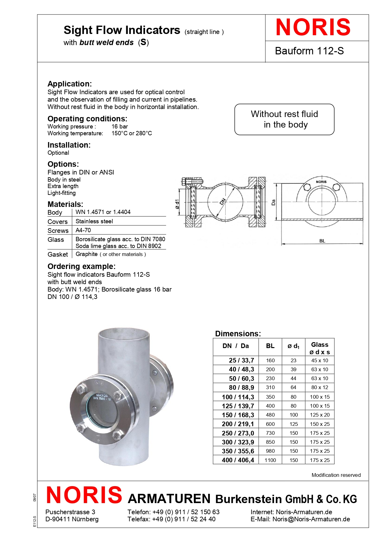 NORIS | sight flow indicator with weld ends without residual fluid NORIS | Bauform 112-S