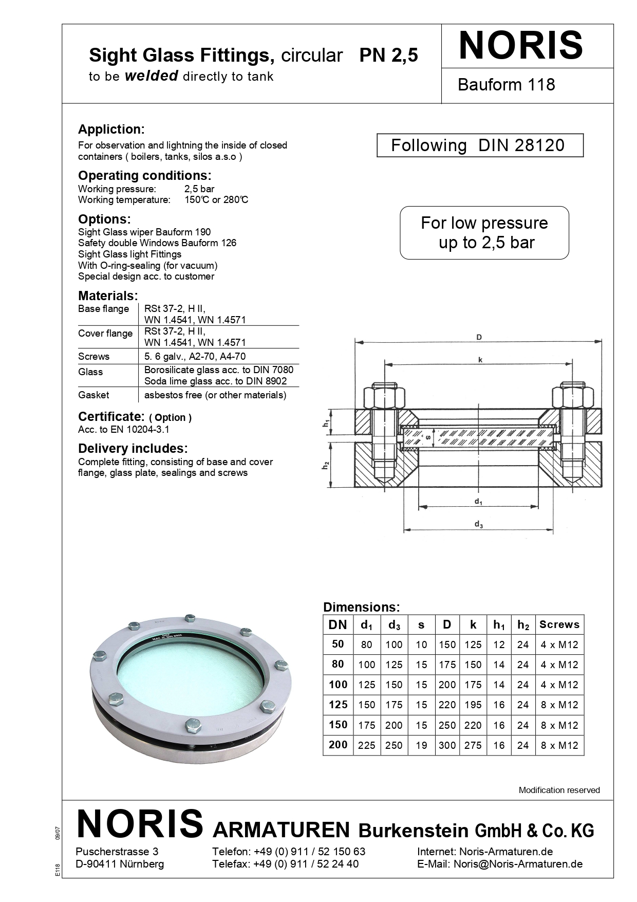 NORIS | circular tank sight glass-fitting up to 2,5 bar NORIS | Bauform 118
