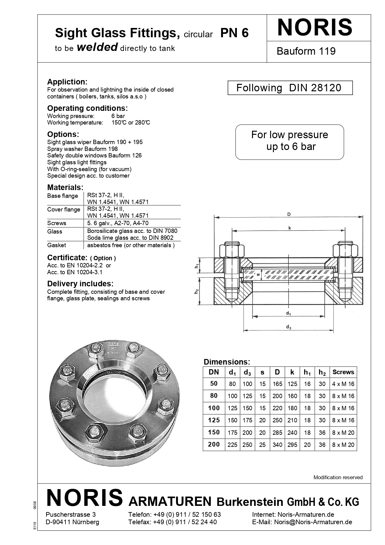 NORIS | circular tank sight glass-fitting up to 6 bar NORIS | Bauform 119