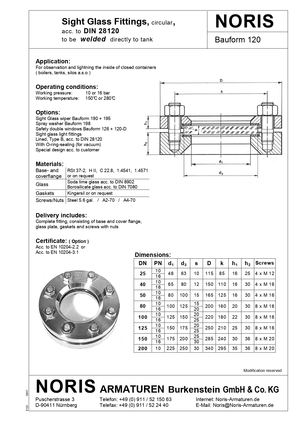 NORIS | circular tank sight glass-fitting acc. to DIN 28120 NORIS | Bauform 120