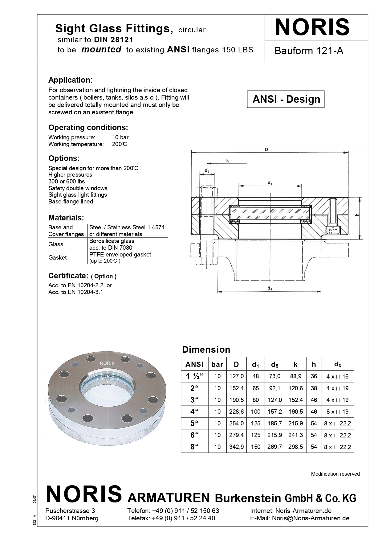 NORIS | circular sight glass for ANSI flanges NORIS | Bauform 121-A