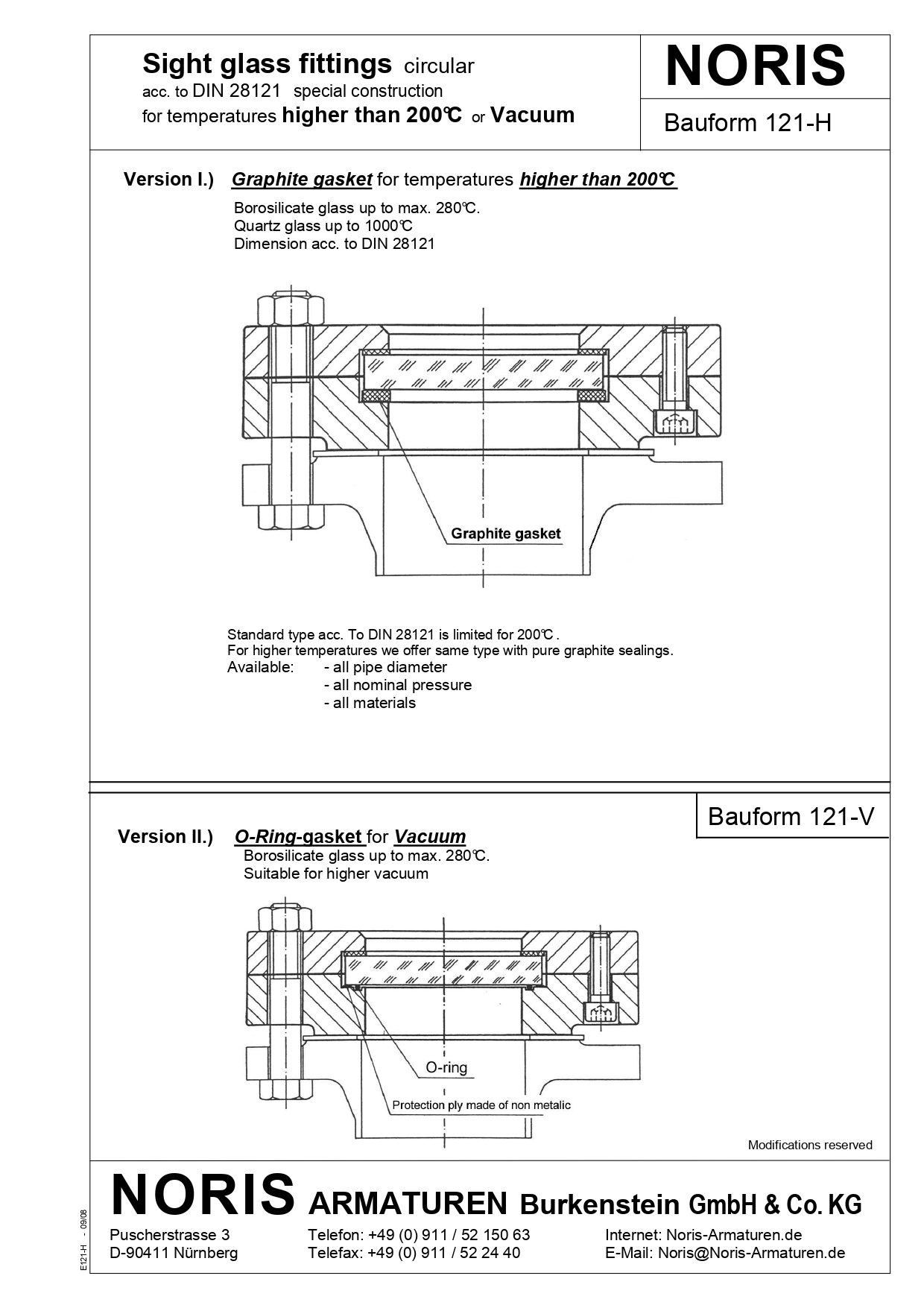 NORIS | circular sight glass for temperatures higher 200°C NORIS | Bauform 121-H