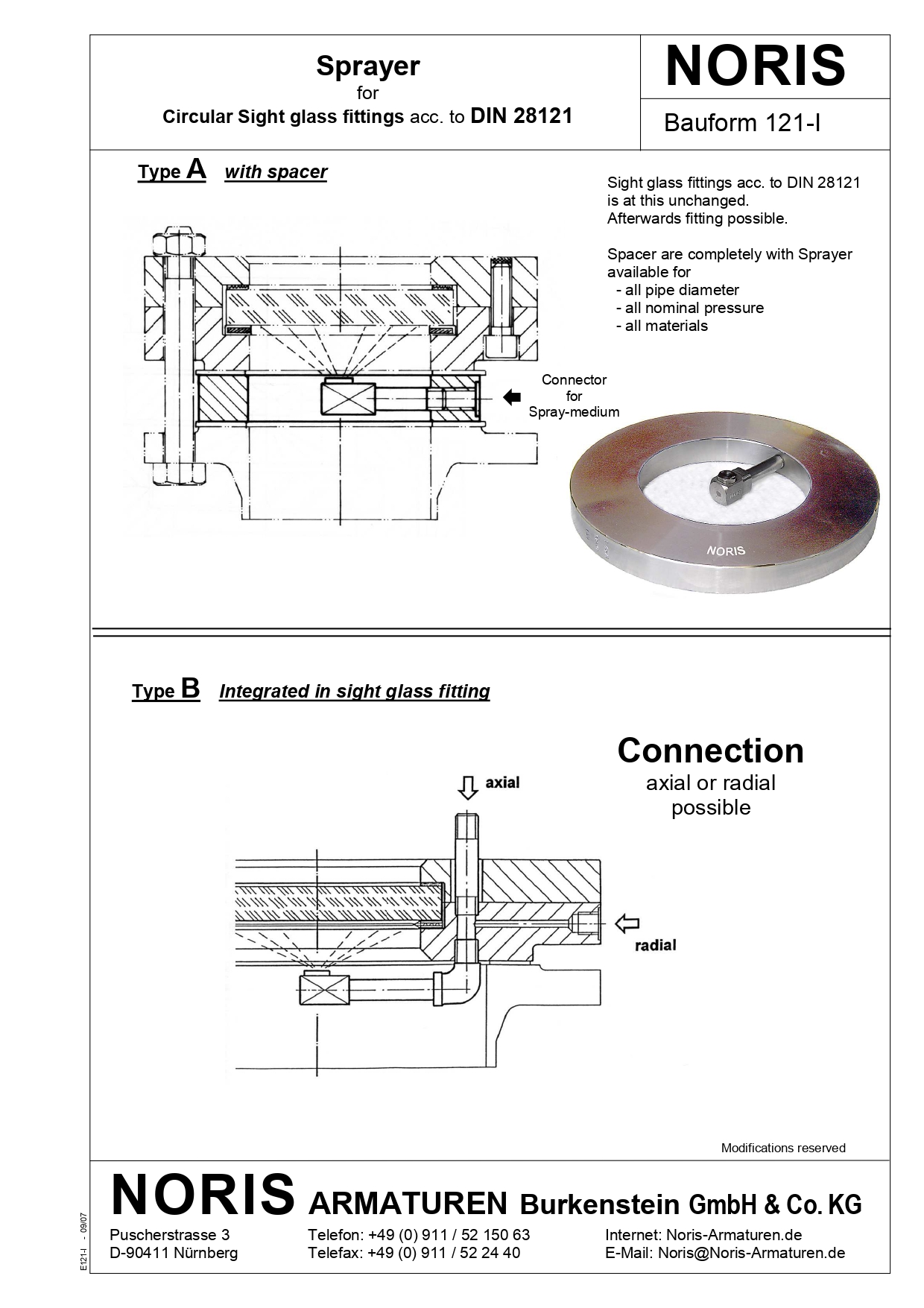 NORIS | circular sight glass with spray washer NORIS | Bauform 121-I