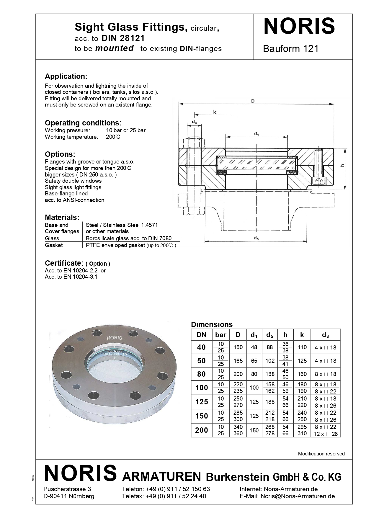  NORIS | circular sight glass acc. to DIN 28121 NORIS | Bauform 121