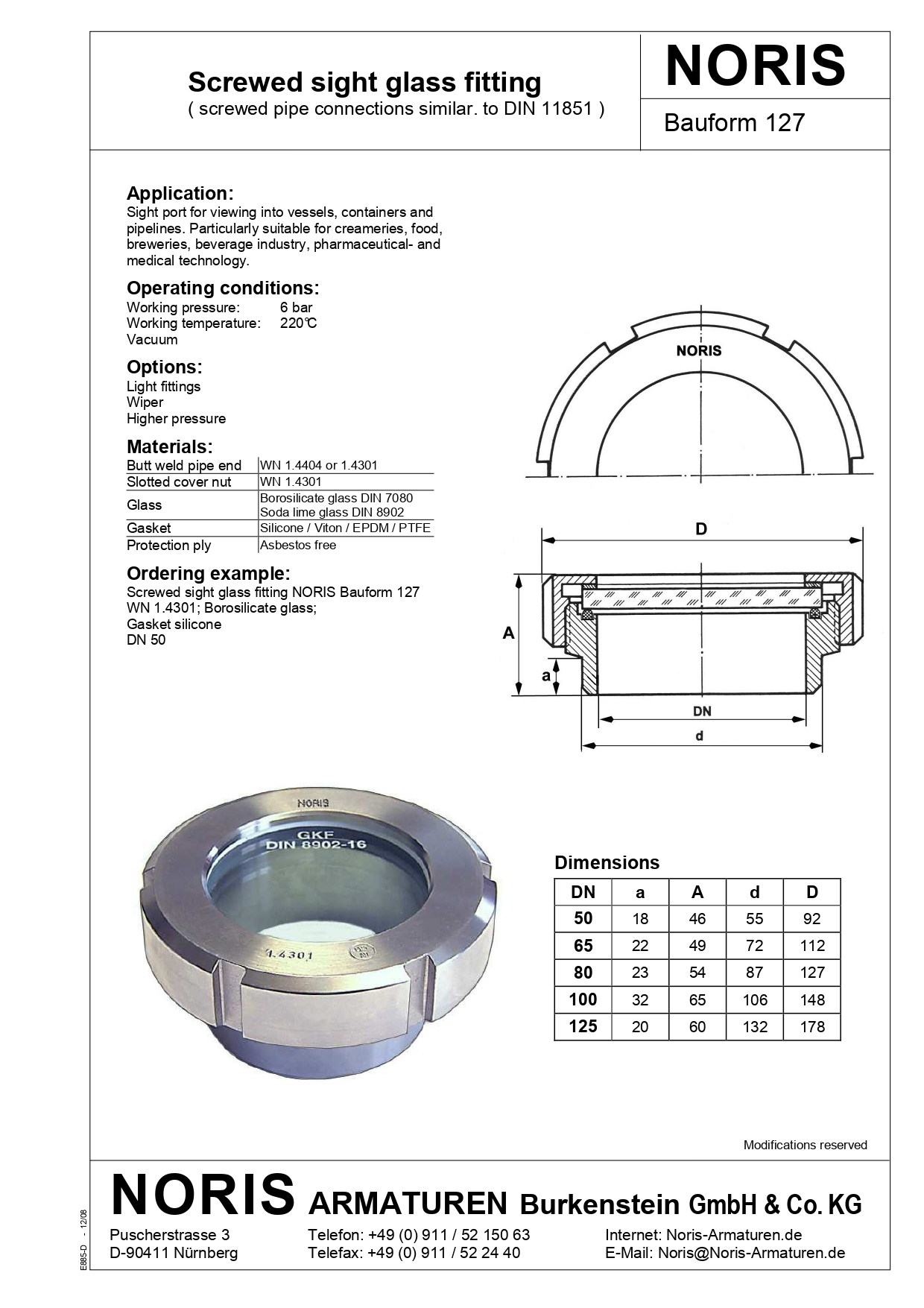 NORIS | sight glass similar DIN 11851 NORIS | Bauform 127