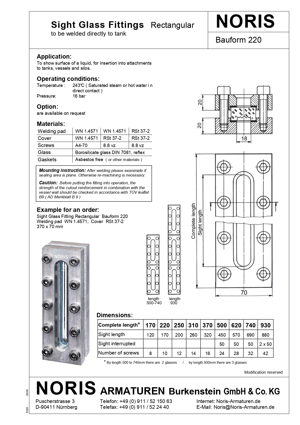 NORIS | tank sight glass-fitting, rectangular NORIS | Bauform 220