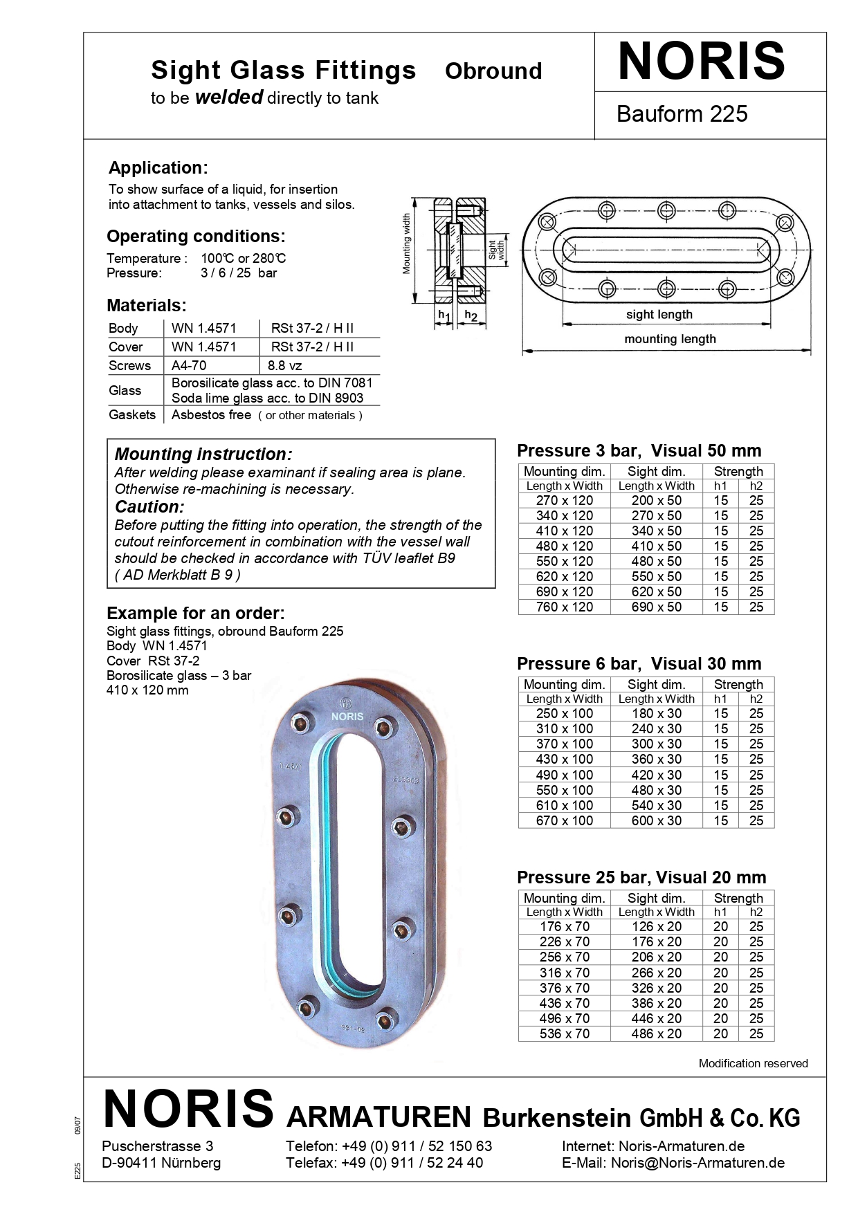 NORIS | tank sight glass-fitting, obround NORIS | Bauform 225