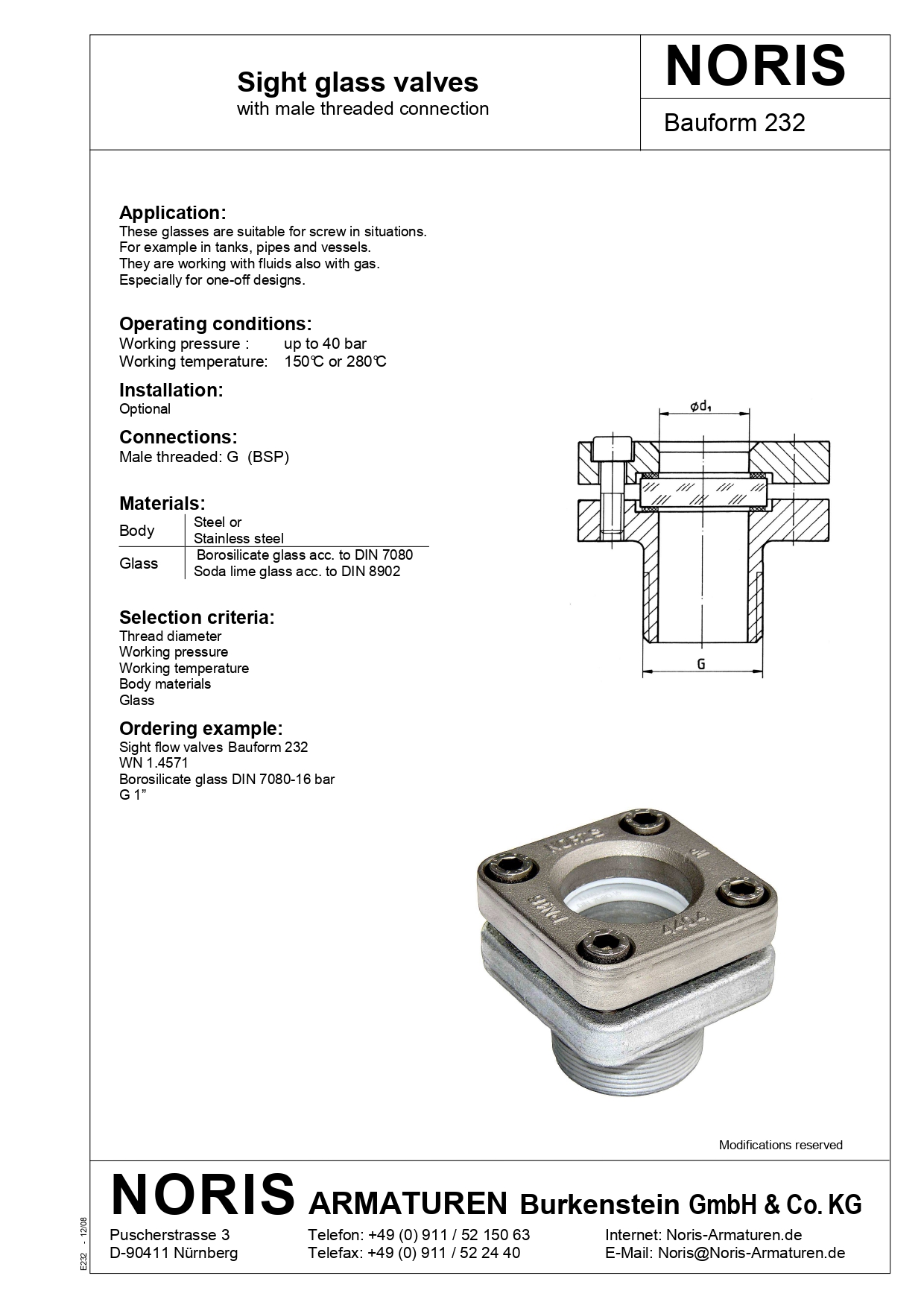 NORIS | sight glass with external thread mount NORIS | Bauform 232