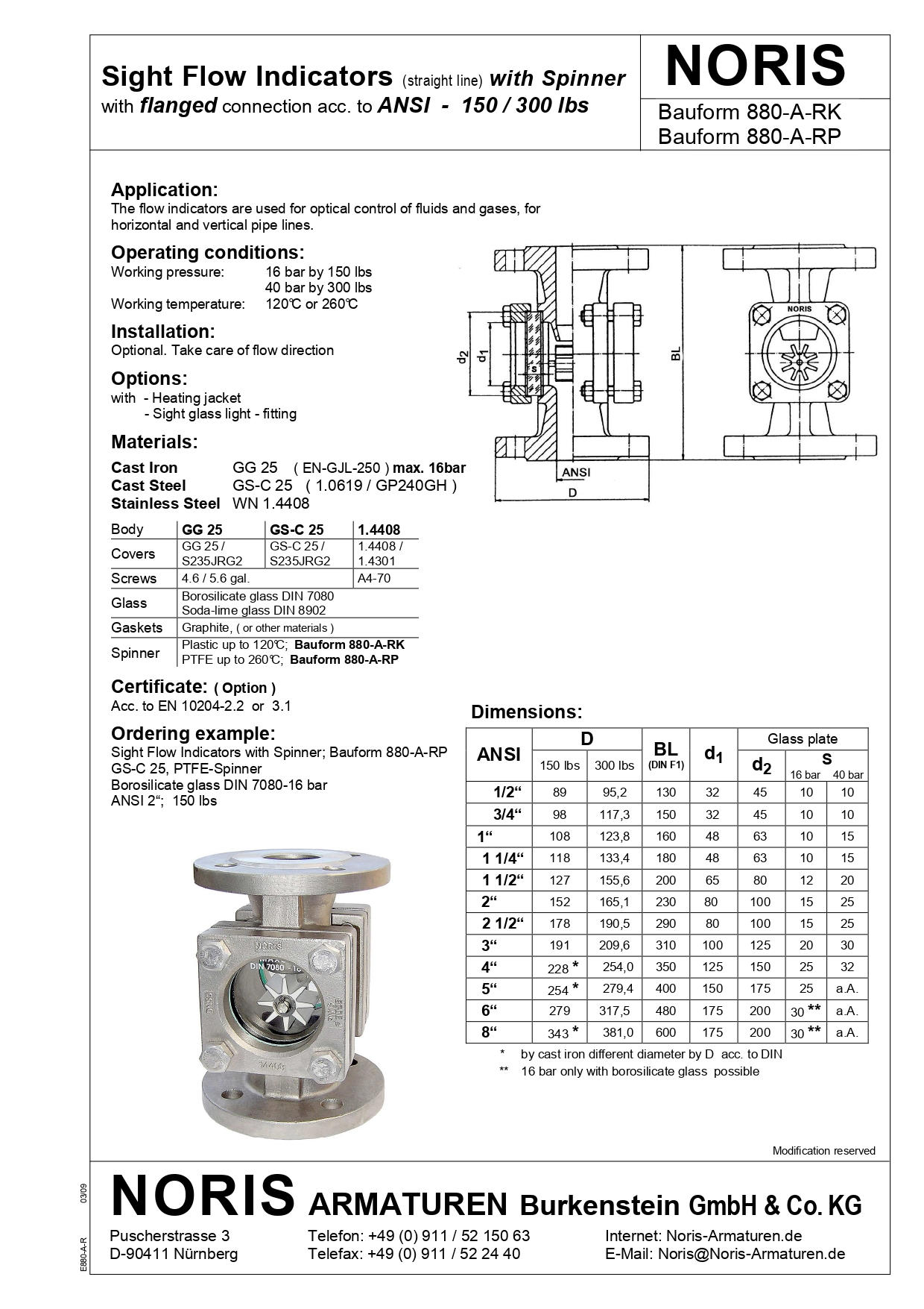 NORIS | sight flow indicator with ANSI flange and spinner NORIS | Bauform 880-A-RK/RP