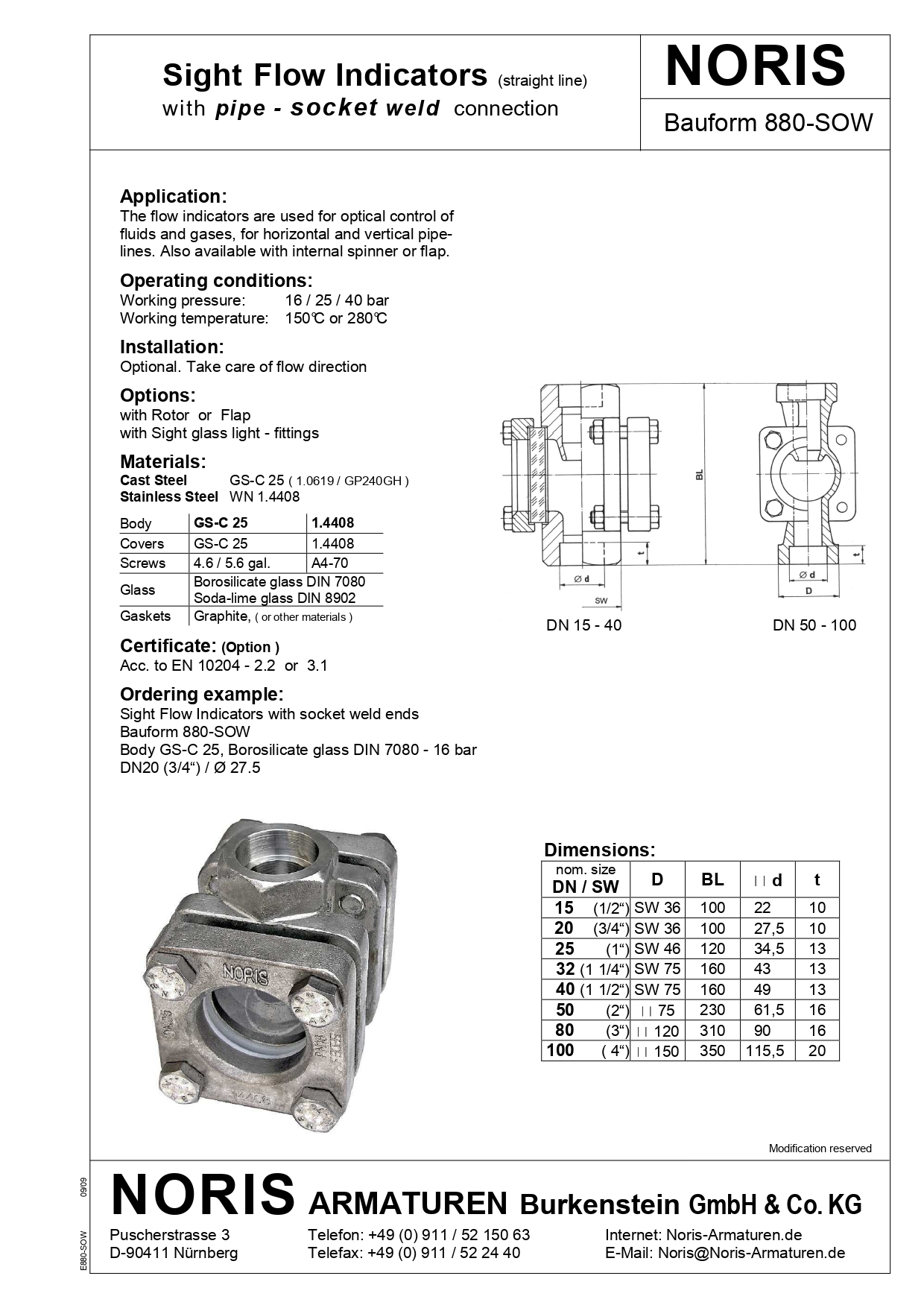 NORIS | sight flow indicator with socket weld ends, casted NORIS | Bauform 880-SOW