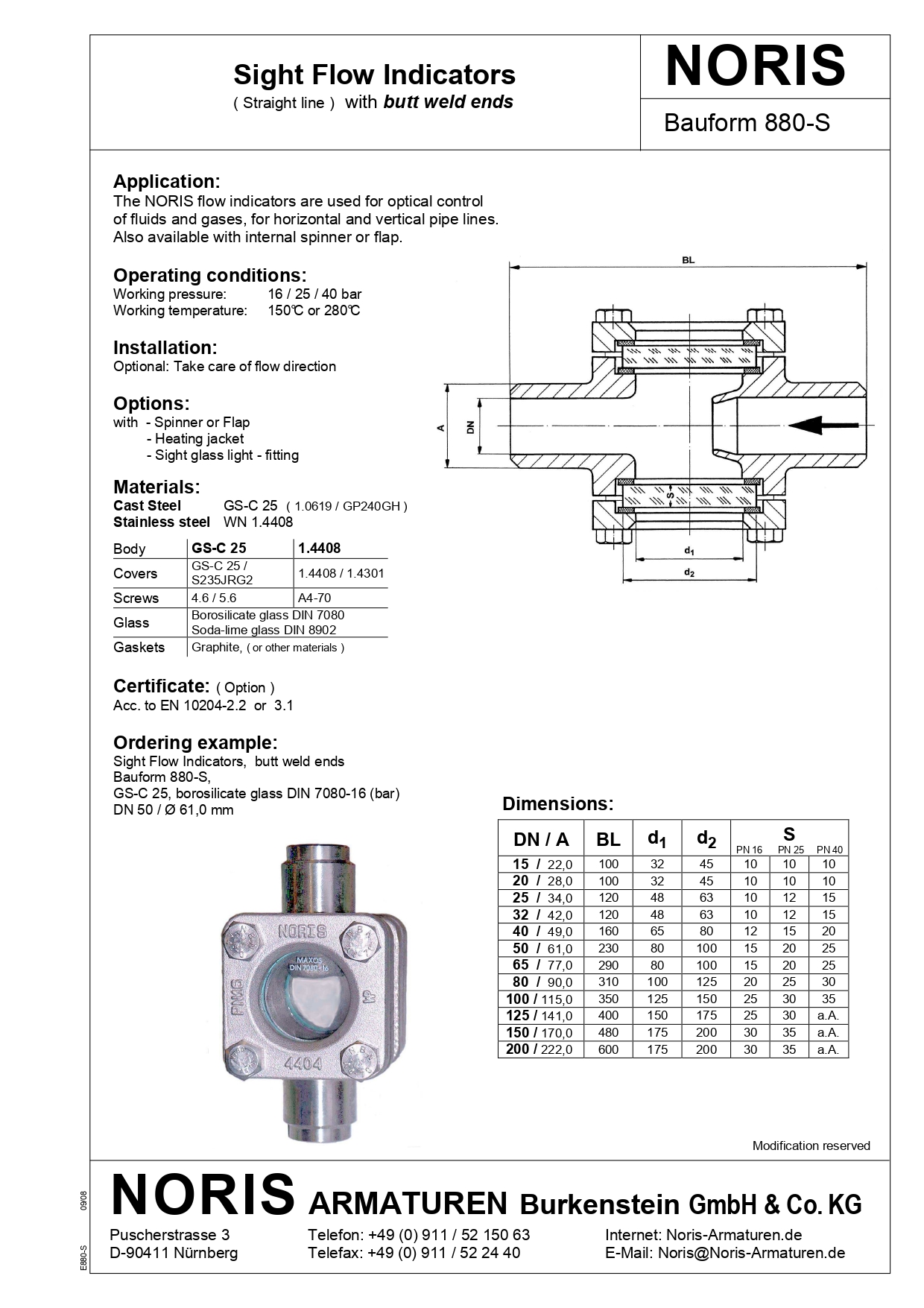 NORIS | sight flow indicator with weld ends NORIS | Bauform 880-S