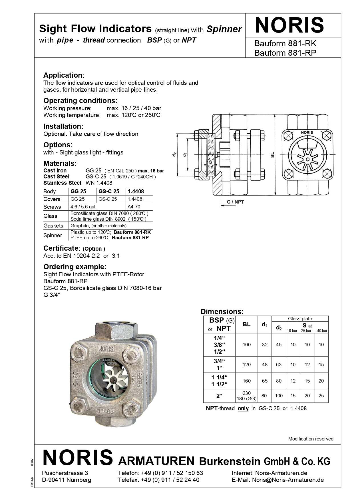 NORIS | sight flow indicator with threaded connection and spinner NORIS | Bauform 881-RK/RP