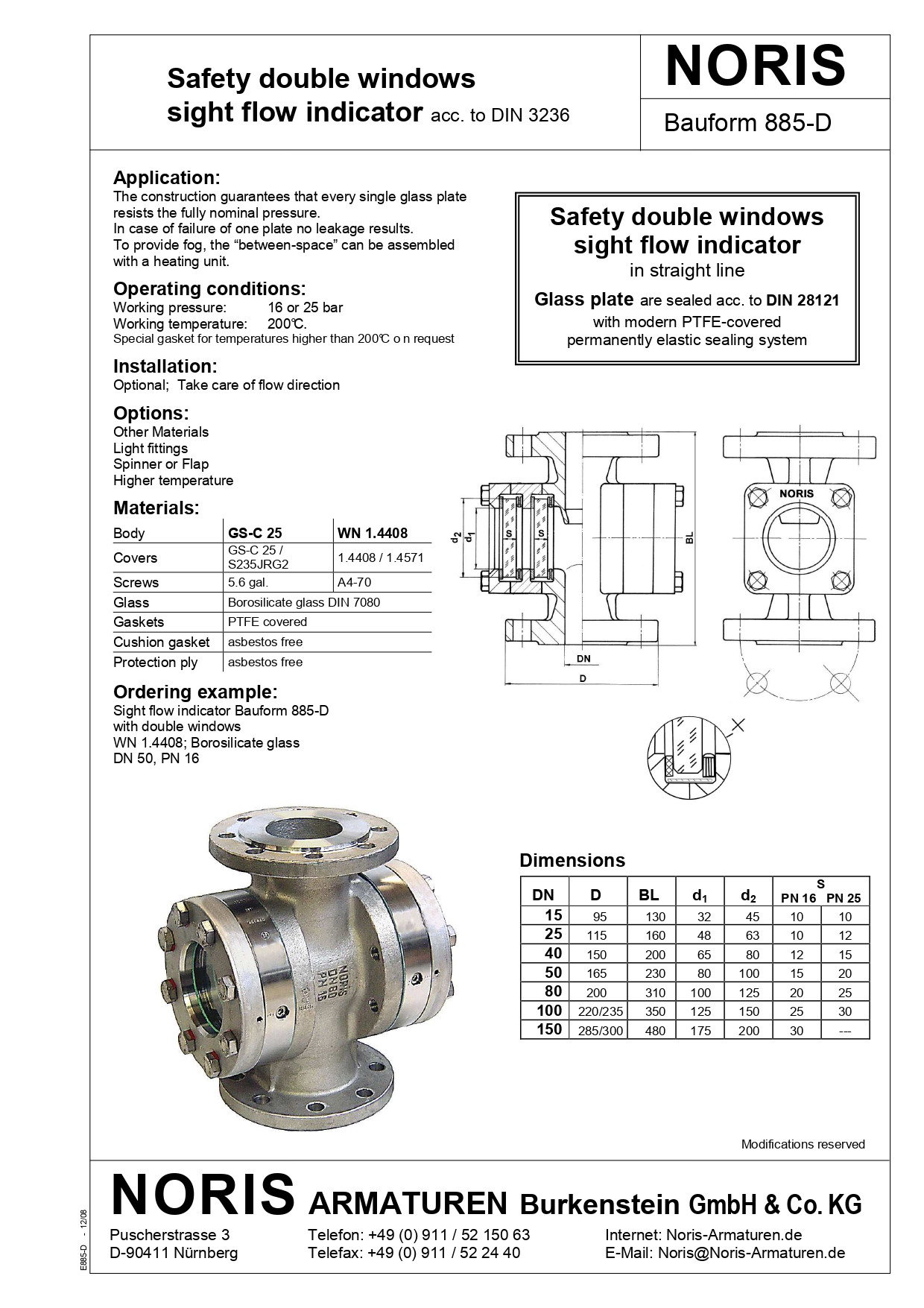 NORIS | sight flow indicator with safety double windows NORIS | Bauform 885-D