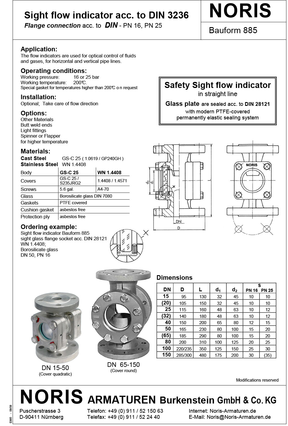 NORIS | sight flow indicator acc. to DIN 3236 NORIS | Bauform 885