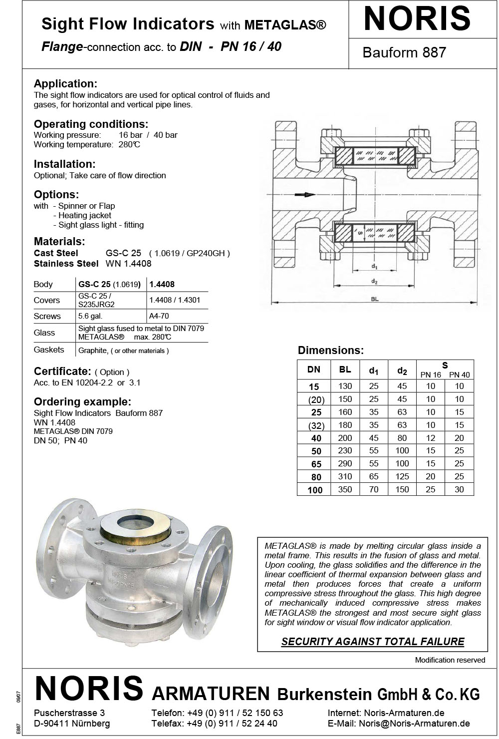 NORIS | sight flow indicator with META glas NORIS | Bauform 887