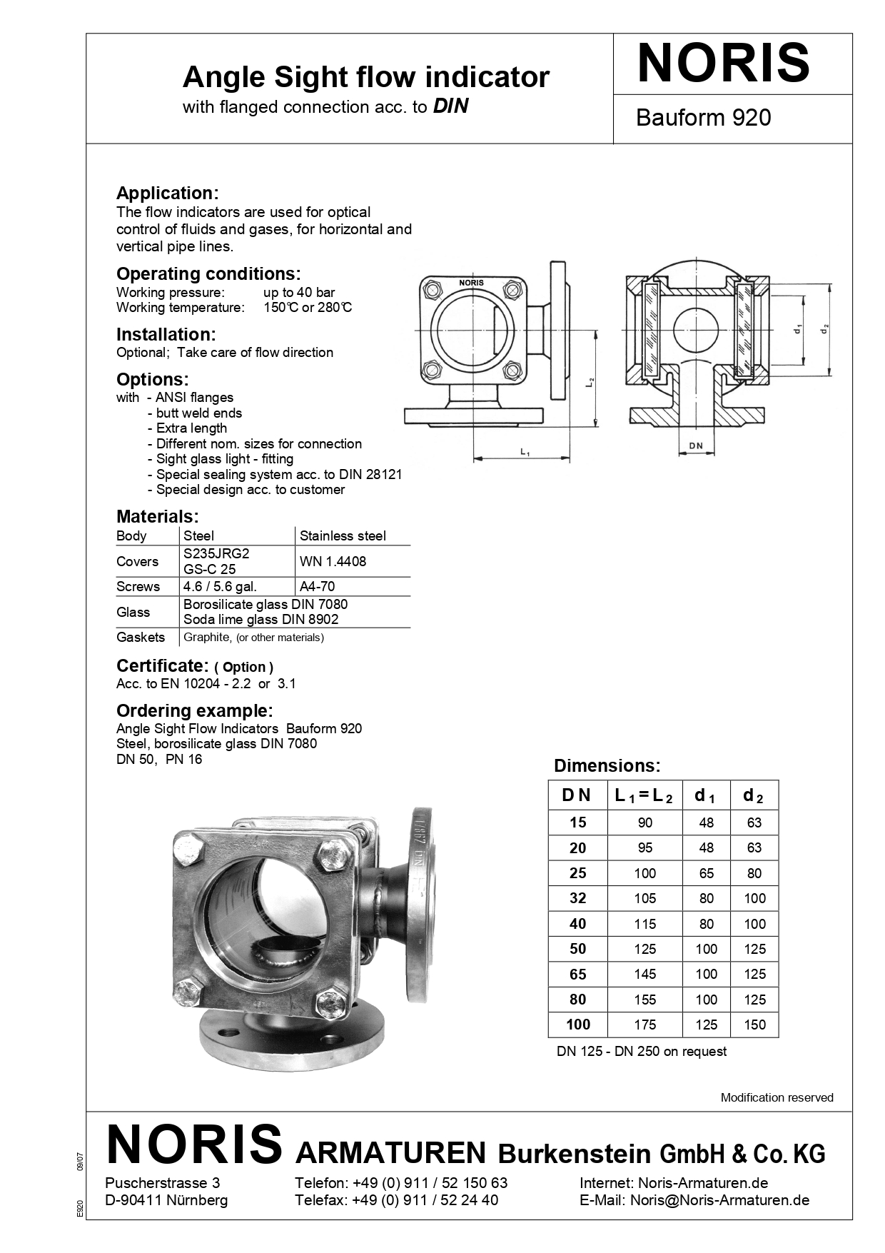 NORIS | sight flow indicator angle line NORIS | Bauform 920